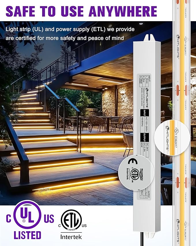Outdoor COB LED Strip Lights Kit Waterproof 3000K Warm White, 24V Tape Light with Power Supply, IP67, 2560 LEDs, 305 lm/ft, CRI 90+, UL Listed, Premium Lighting for Kitchen, Cabinets, Bedroom, 16.4ft