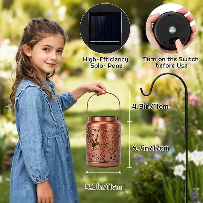 Hummingbird Solar Lanterns Outdoor Waterproof - Metal Hanging Hummingbird Solar Lights Graden Decor for Patio Yard Lawn Porch Pathway, Birthday Gifts for Women Mom Grandma