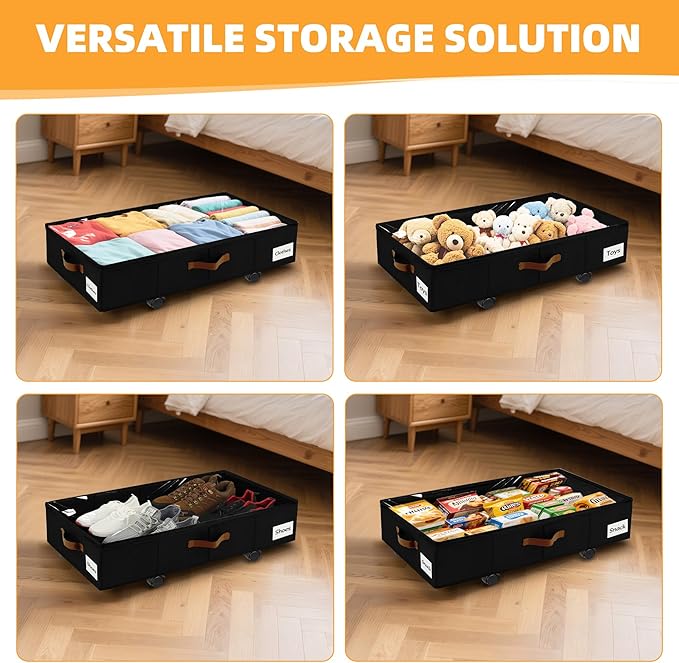 2 Pack Under Bed Storage with Wheels – 30.5×17×6.5 Inch, Underbed Storage with Sturdy Sidewalls/Bottom, Clear Cover, Label and PU Handle, Rolling Under Bed Drawers for Clothes, Shoes, Toys, Blankets