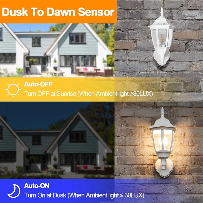 FUDESY Outdoor Wall Light Dusk to Dawn, Porch Sensor Light White Plastic Anti-Corrosion with LED Edison Filament Bulb, Exterior Mount Lantern for House, Garage (2-Pack)