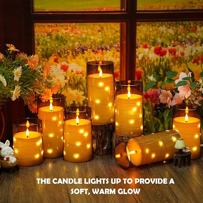 Flameless LED Candles with Timer 12 Pc Flickering Flameless Candles for Romantic Ambiance and Home Decoration Stable Acrylic Shell,with Embedded Star String，Battery Operated Candles(Grey)