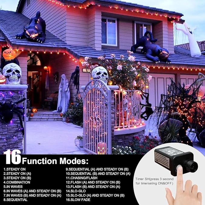 LAMPHOME Orange Thanksgiving Mini Lights, 200LED 66Ft Autumn Fall String Lights,16 Modes Connectable 120V Plug in for Outdoor Indoor Garden Party Halloween Christmas Xmas Tree Light Decor