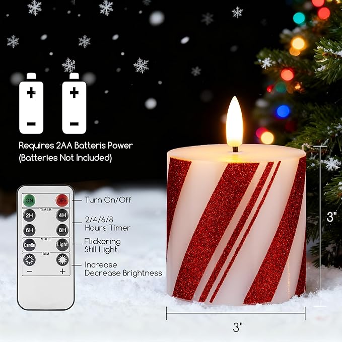 Christmas Candy Cane Stripe Flameless Pillar Candles, Real Wax Red and White Battery Operated Flickering Candles with Timer for Xmas Holiday Home Decoraction, Set of 3(3"x3")