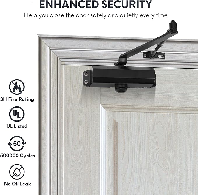 SOPHIA Automatic Door Closer Commercial, Auto Door Closer for Home Size 3 DK500, 3H Fire-Rated Hydraulic Door Closer Residential & Life Size Fitting Template, UL Listed, ANSI Grade 3, Matte Black