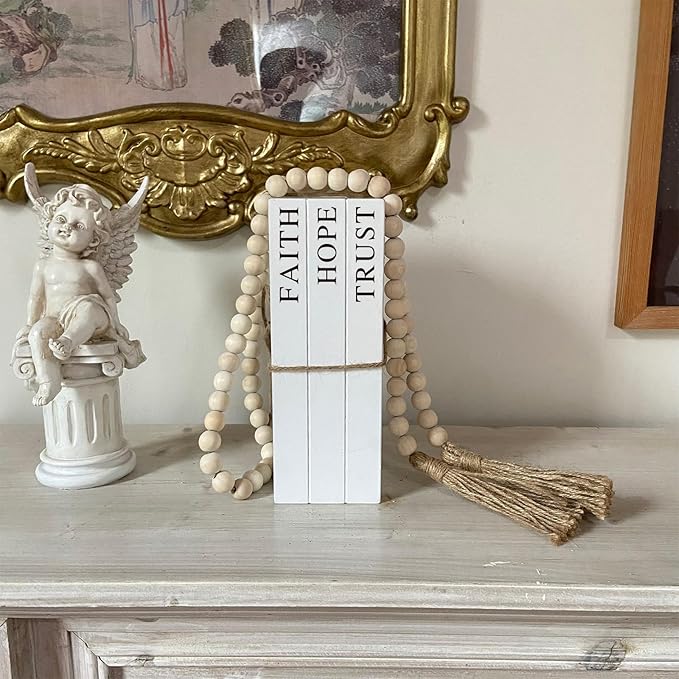 Decorative Books for Home Decor, White Faux Books for Decoration, Rustic Farmhouse Stacked Display Books (Faith, Hope, Trust)