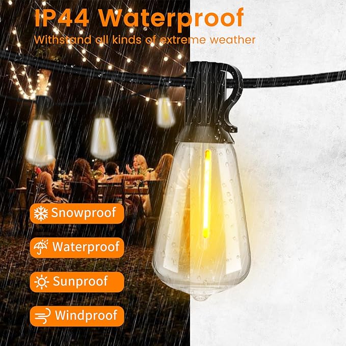 LED Outdoor String Lights 50ft ST38 Waterproof Patio Lights with 25 Vintage Shatterproof Bulbs(2 Spare), Dimmable Outside Hanging Edison String Lights for Backyard Porch Balcony Decor, Warm White