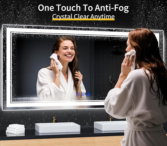 72"x32" LED Bathroom Mirror with Anti-Fog, Stepless Dimmable Lights, 3 Color Modes, Shatter-Proof Tempered Glass,Waterproof Design