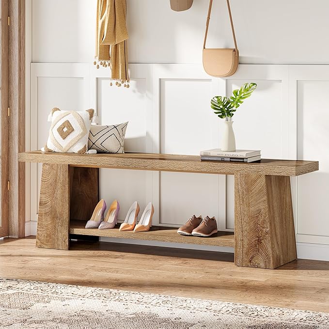 Tribesigns 2-Tier Entryway Bench, 59-Inch Extra Long Shoe Bench with Storage Shelves, Wood End of Bed Seat, Farmhouse Hallway Foyer Seat with Open Shelves for Entryway, Bedroom, Living Room, Natural