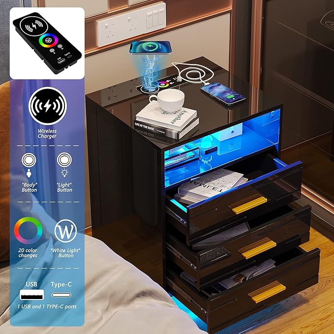 HNEBC Black Nightstand with Wireless Charging Station and Lights, 3 Drawers, Modern Bedside Table with Human Sensor for Bedroom