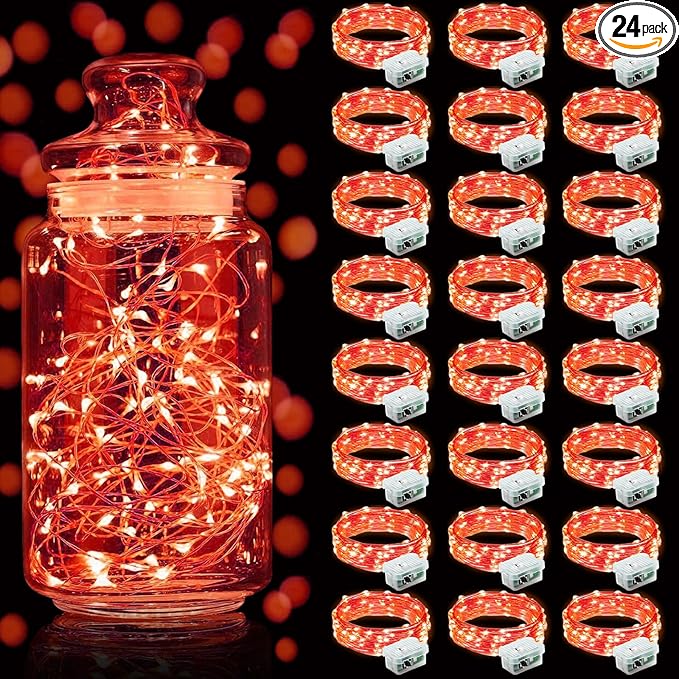 Aogist 24 Pack Fairy Lights 3 Modes 7ft 20 LED Waterproof,Battery Operated Silver Wire Firefly Starry Moon Mini String Lights for Mason Jars Christmas DIY Crafts Wedding Party Bedroom,Red