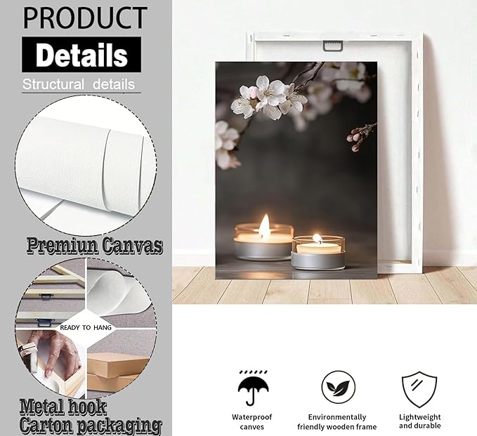 ZHJIOFXG 3 Piece Zen Canvas Wall Art Stacked Stones Cherry Blossom Candle Spa Wall Decor Minimalist Neutral Calming Art for Bathroom Bedroom Yoga Room Office Living Room 12x16in Wrapped Canvas