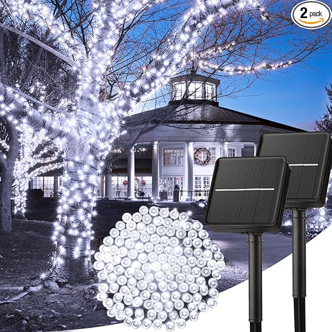 Solar String Lights Outdoor, 2 Pack Total 80 FT 200 LED Solar Powered String Lights with 8 Lighting Modes, Waterproof Patio Lights, Outdoor Solar Lights for Outside Tree Balcony Gazebo, Pure White
