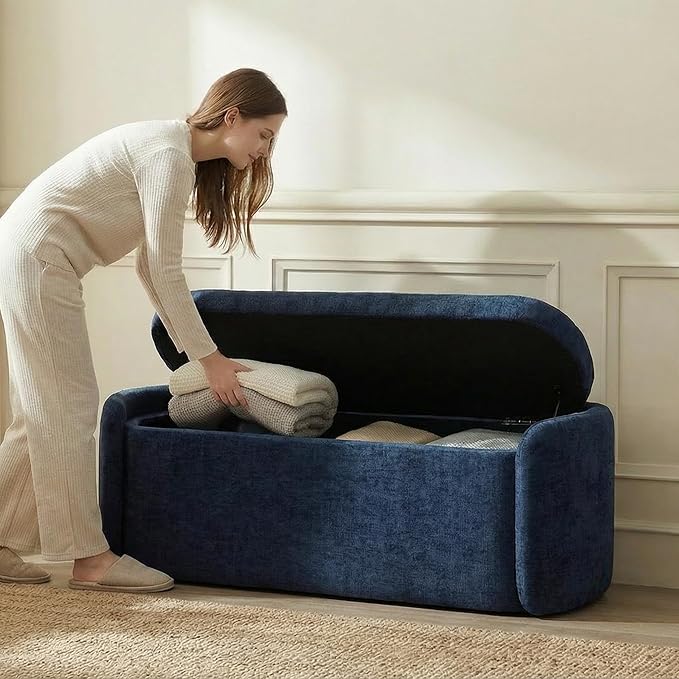 VKNOW 46" Oval Storage Ottoman Bench, Upholstered End of Bed Bench Ottomans Bench Foot Rest, Sherpa Storage Bench for Bedroom, Living Room and Hallway, Navy