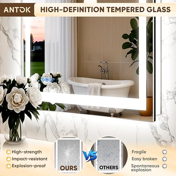 Antok 30"x 40" LED Bathroom Mirror with Lights, Anti-Fog, Dimmable, Lighted Vanity Mirror with Tempered Glass, Memory Function, 3 Light Modes, Safe Use, Horizontal, Vertical, Wall Mount, Wall Mount
