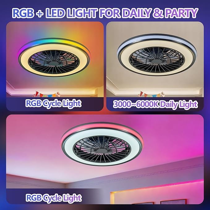 20" Modern LED Ceiling Fan Light, Smart Bladeless Ceiling Fans with Lights and Remote, RGB Bluetooth Fan Chandelier for Bedroom,Living Room, Office (20)
