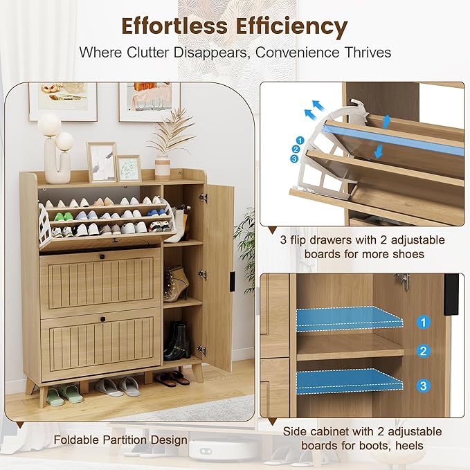 Hadulcet Entryway Shoe Storage Cabinet with 3 Flip Drawers & Mirror, Hidden Shoe Organizer Cabinet with Door & Adjustable Shelves, Freestanding Fluted Arched Panel Design, 9-Tier, Light Wood