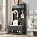 Hall Tree with Shoes Bench, Entryway Coat Rack with Storage Shelves and Drawers, 33.5''W Coat Hanger for Entrance, Hallway (Black)