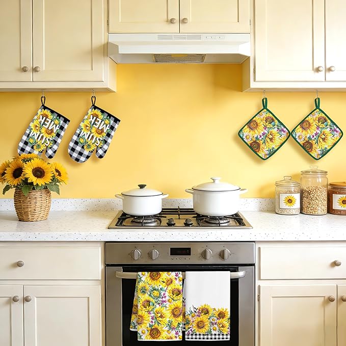 8 Pcs Sunflower Plaid Kitchen Towels and Dishcloths Sets - Pot Holders and Oven Mitts Set Kitchen Accessories 4 Dish Towels 2 Absorbent Square Potholders for Cooking Baking Farmhome Gifts