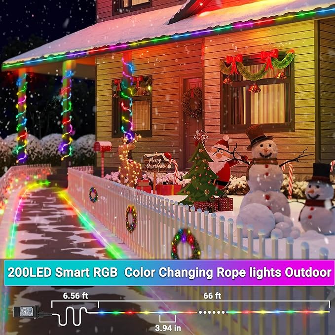 Jnaurb RGB Color Changing Rope Lights Outdoor, 66ft 200LED Smart String Lights with Remote & APP Control, Waterproof Music Sync Rope Lighting - DIY Flexible Tube LED Lights for Bedroom Garden Wedding