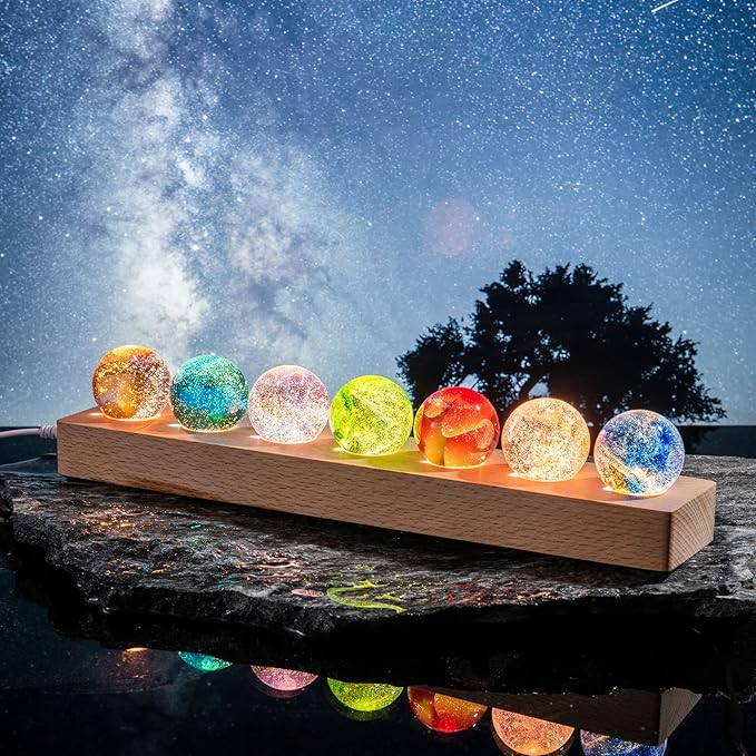 Movdyka 7 Colorful Glass Crystal Ball Desk ecorations Chakra Healing Stones Spheres with LED Wooden Stand, Quartz Crystal Meditation Night Light, Positive Energy Decor Gifts for Him Her -1.57"(40mm)
