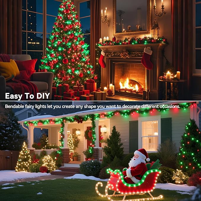 4 Pack 240LED Christmas Fairy Lights Battery Operated - 20FT Twinkle Lights with 2 Lighting Modes Indoor Outdoor, Waterproof Led Fairy Lights for Bedroom, Classroom, Dorm, DIY Decor, Red & Green