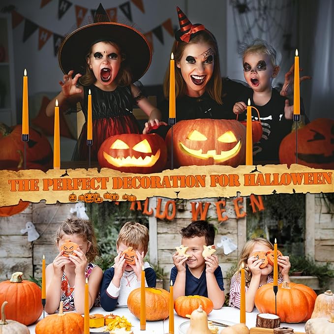 Orange Flameless Taper Candles, 9.6" Halloween Battery Operated Candles with Two Remote, Real Wax Fall Led Candlesticks, Flickering Flameless Candle for Fall, Thanksgiving, Harvest, Halloween, 6 Pack