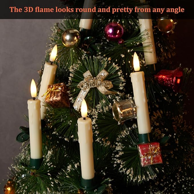 IMAGE 12Pcs LED Taper Candles Light Set 5.3 inches Dripping Flameless 3D Wick Ivory Candles with Clip-on Christmas Tree Design, 10-Key Remote with Timer, Warm White Light Battery Operated for Decor