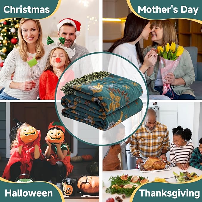 King Size Throw Blanket for End of Bed 100% Cotton Woven Bed Throws for All Season Lightweight and Soft Cozy Farmhouse Reversible Muslin Decorative Blanket for Travel Picnic, Teal/Cream, 91''x98''