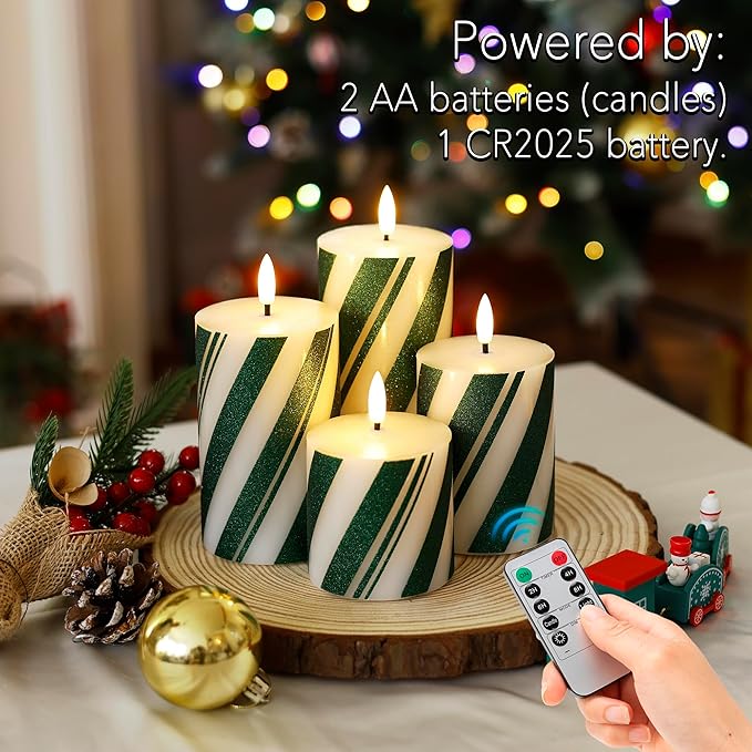 Green Striped Flameless Pillar Candles with Remote Set of 4, Battery Operated Real Wax LED Candy Cane Candles, Perfect for Christmas Window, Dinner & Holiday Xmas Decor