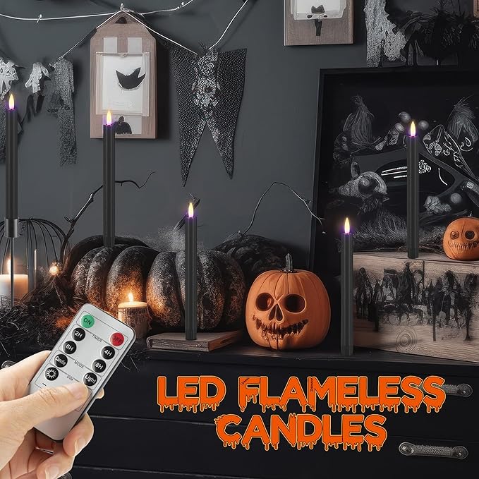 Black Flameless Taper Candles with Remote, 9.6" Halloween Battery Operated Candles 3D Wick, 3 Pack Real Wax Led Candlesticks Flickering Electric Candle for Halloween, Home, Party Decor