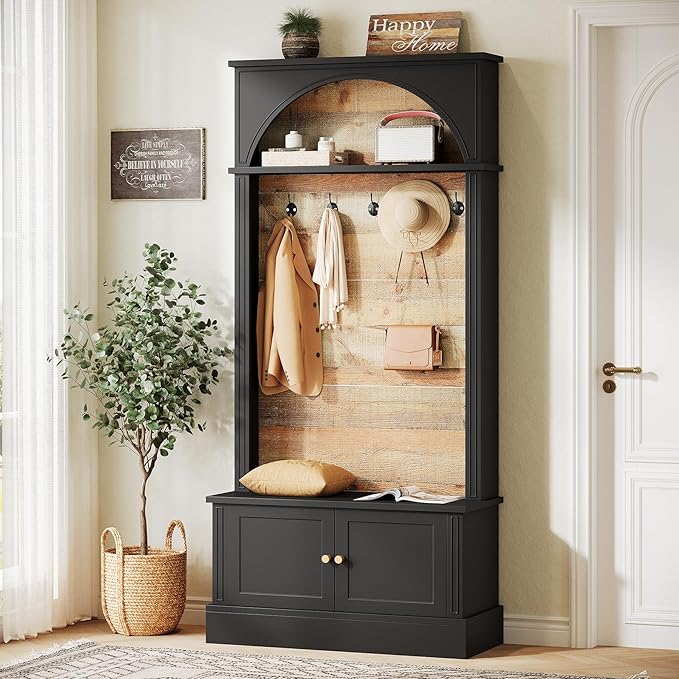 Tribesigns 70.86" Hall Tree with Storage Bench, 4-in-1 Design Entryway Bench with Coat Rack, Farmhouse Hall Tree with 5 Hooks and Adjustable Shoe Storage for Entryway, Hallway(Black＋Brown)