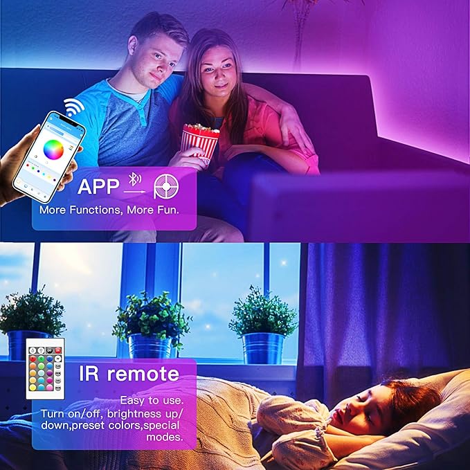 TJOY 60ft Bluetooth LED Strip Lights, Music Sync LED Lights Strip,RGB Color Changing Lighting with Remote,Smart Phone APP Control,Lighting for Bedroom,Ceiling,Room DIY(APP+Remote +Mic/60ftx1)