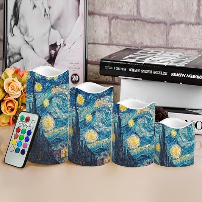 Starry Night Plastic Flameless Candles with Remote Control and Timer LED Flickering Battery Electric Pillar Candles for Table Decoration