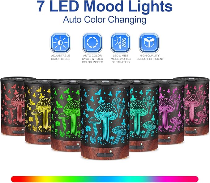 Essential Oil Diffuser- Aromatherapy Diffuser with7 Colors Light and Auto-Off for Women Metal Cool Mist Humidifier for Home and Office for Mom Women（Mushroom + Bee）