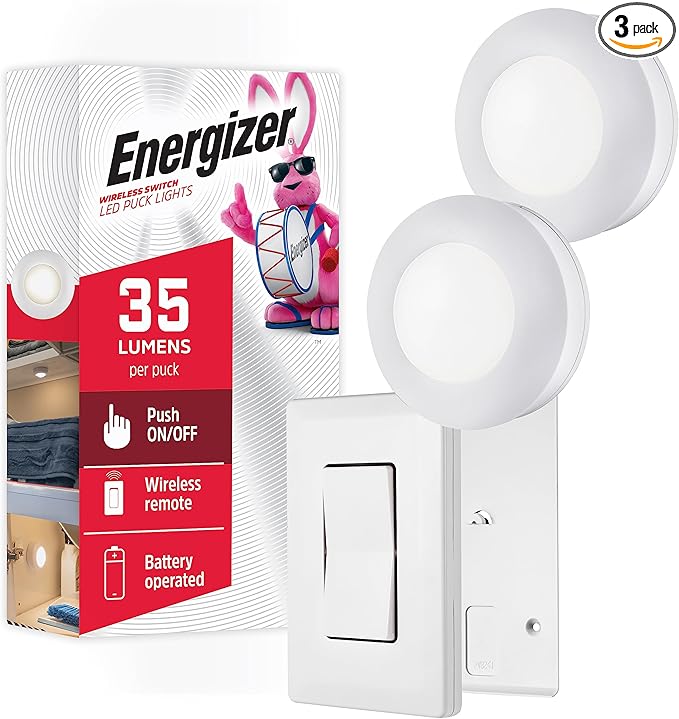 Energizer LED Puck Lights, Wall Switch Remote, 2 Pack, Battery Operated, Under Cabinet Lighting, Wireless Lights, 50 ft Range, Perfect for Kitchen Under Cabinet, Laundry Room, and More, 58822-T1