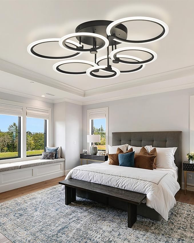 Modern LED Ceiling Light 7 Rings Dimmable Fixtures with Remote Black Close to Ceiling Light 31.8" 130W 3000K-6500K Flush Mount Ceiling Lamp for Living Room,Bedroom,Kitchen