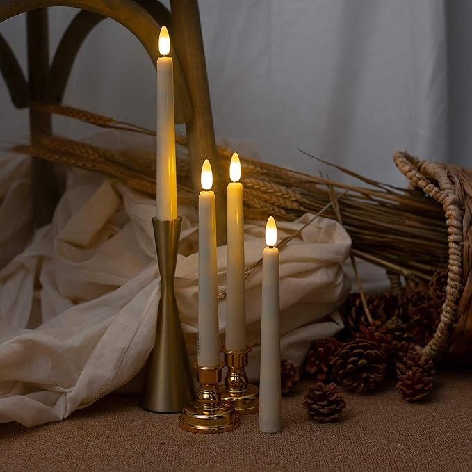 Flameless Taper Candles Flickering with Remote Timer, 4PCS Battery Operated Window Candles with Gold Candlesticks and Suction Cups, 8 Inch Warm White 3D Flame Candle for Home Xmas Decor(Ivory)