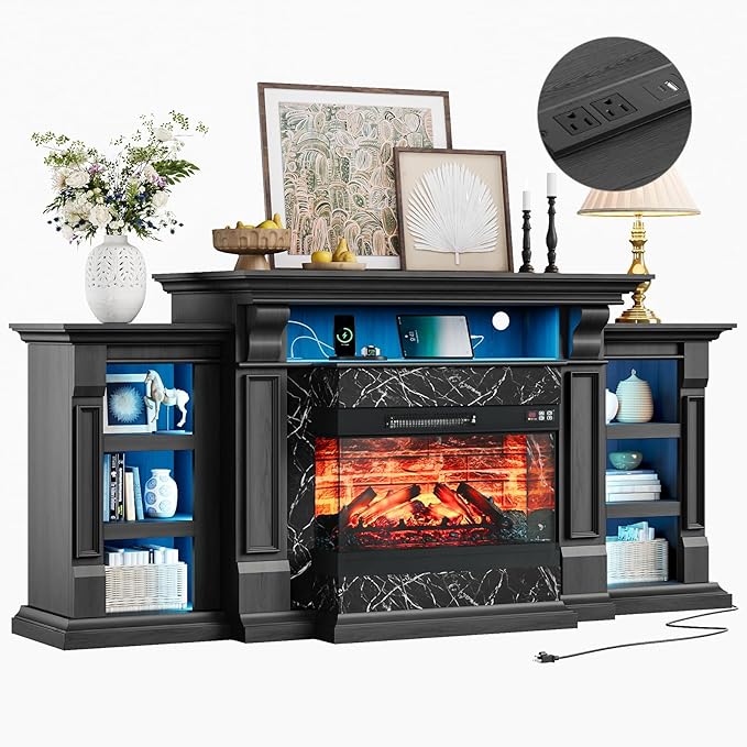 LGHM LED Electric Fireplace TV Stand with Outlet, 72'' Fireplace Mantel for TVs up to 80'', Modern Entertainment Center with 3-Sided Glass Fireplace Heater Insert for Living Room, Black