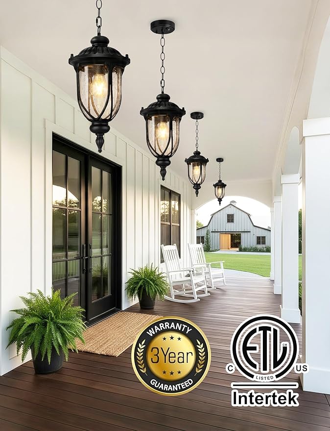 Lotsky Outdoor Hanging Lights with Motion Sensor, 15'' Dusk to Dawn Exterior Pendant Light for Porch, Anti-Rust Aluminum & Seed Glass Lantern, Outside Chandelier for Gazebo, Patio, Yard Black