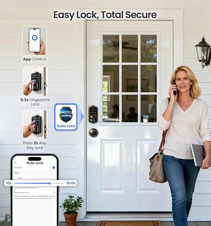 Veise VE017-K Fingerprint Smart Lock with 2 Knobs, App Control, Keyless Entry Front Door Lock Set, Electronic Touchscreen Keypad Deadbolt, Emergency Power Port, Easy Install, Auto-Lock, Matte Black