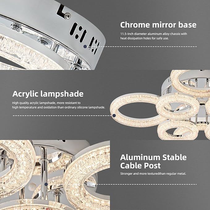 OKELI Modern Ceiling Light, 8 Rings 26.8'' Dimmable LED 106W Flush Mount Ceiling Lights with Remote Acrylic Crystal Round Ceiling Light Fixture, Bedroom Living Room Dining Room, Chrome