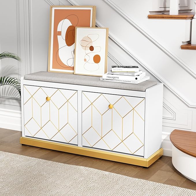 HLR Shoe Bench with Storage, Modern Entryway Bench with 2 Flip Drawer & Padded Cushion Seat, Shoes Storage Bench for Hallway, Closet, Living Room, White Shoe Storage Cabinet with Bench