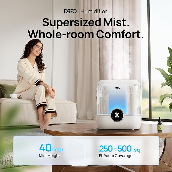 DREO Humidifiers for Bedroom, 6L Easy to Fill & Clean, 60H Runtime for Large room, 28 dB Quiet Cool Mist Air Humidifier for Plant, Baby Nursery, Home, Indoor, Night Light, Precise Humidity Control