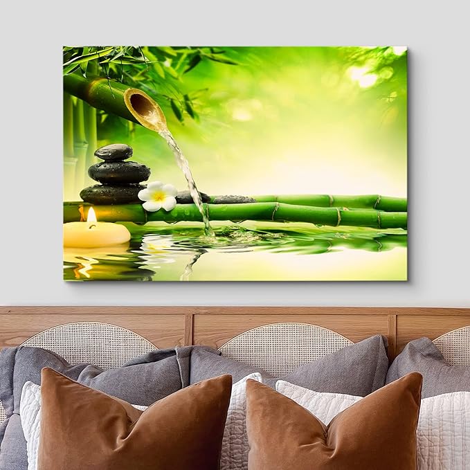 wall26 Canvas Print Wall Art Zen Green Bamboo Daisy Flower Massage Stone Spa Jungle Nature Wilderness Photography Realism Landscape Colorful Multicolor for Living Room, Bedroom, Bathroom - 32"x48"