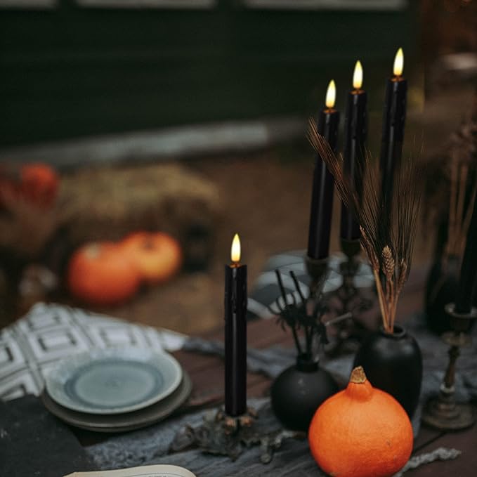 Flameless Flickering Taper Candles Two Remote, 7.5 Inch Black Battery Operated LED Window Candles Timer,Set of 8 Plastic 3D-Wick Dripping-Wax Effect Flameless Candlesticks(0.86”Dia,Warm Fire)