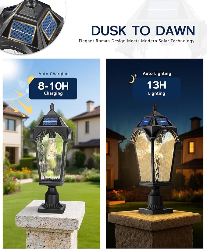 FEMILA Outdoor Post Lights Solar Powered, 22" Dusk to Dawn Aluminum Glass Solar Post Light Fixtures for Yard Pathway Entrance, 4FYX90PM-SL BK