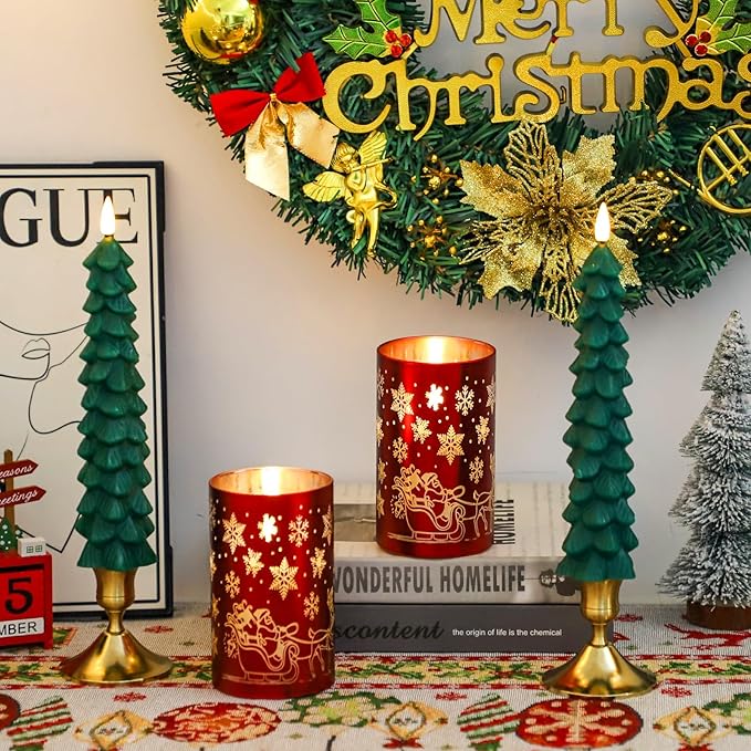 Lezonic Christmas Flameless Candles with Remote, Green Christmas Tree Flickering Battery Operated Window Candlesticks, Red Glass Xmas New Year Decorations Gifts, Set of 4 Real Wax LED Candles