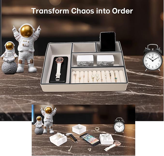 Faux Leather Valet Tray – 5-Compartment Desk Jewelry Trays, Phone Watch Organizer Catch-All Tray for Keys Wallet, Dresser Nightstand Office Entryway Storage (White)