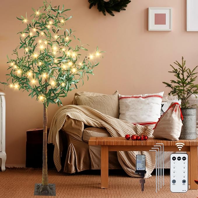 Olive Tree Light, 6FT 216 LED Lighted Olive Tree, Artificial Greenery Trees with Lights for Indoor Outdoor Home Bedroom Party Holiday Decoration