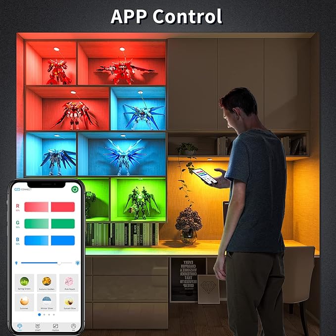 BASON LIGHTING RGB Under Cabinet Lighting, Halloween Decoration Lights, Bluetooth APP Control LED Puck Lights, Dimmable, Adapter Powered Shelf Decorative for Kitchen, Counter, Glass Cabinets